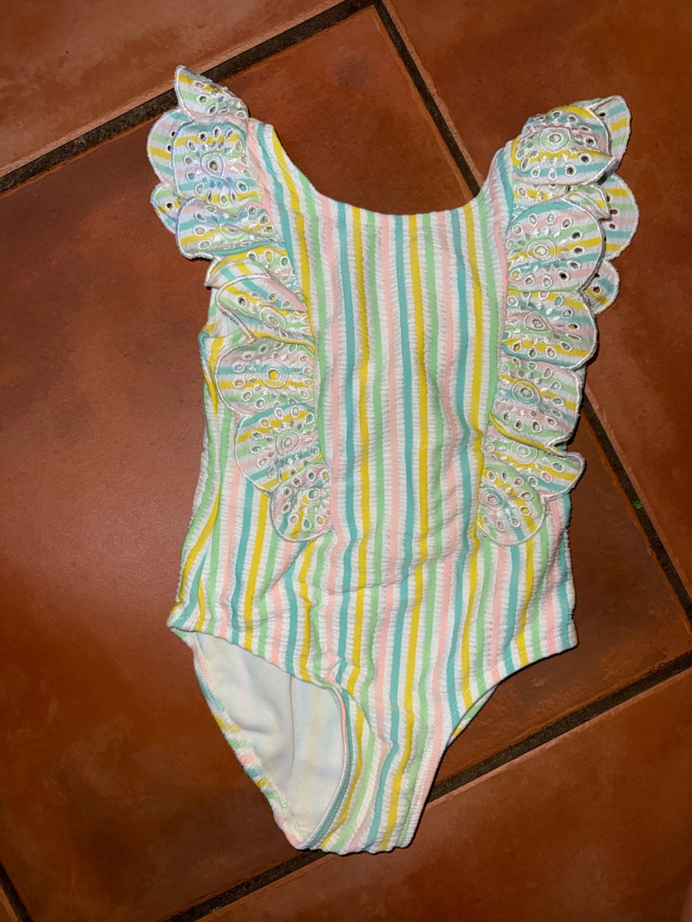 Little Me Pastel Striped Eyelet Ruffle Top